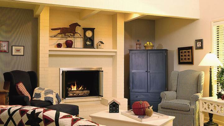 Fire Place in Room And Sofa Set